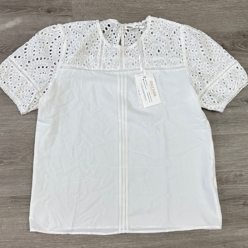Grace Karin White Eyelet Blouse spring summer cottage core medium